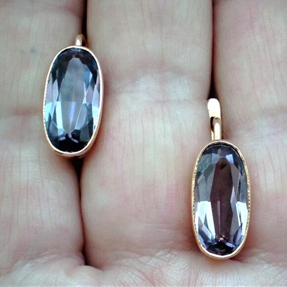Vintage Russian Russia USSR 14K 583 Rose Pink Gold Alexandrite Dangle EARRINGS - Picture 2 of 8